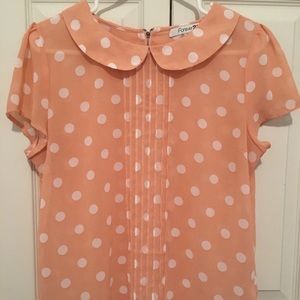 Pink polka dot top with Peter Pan collar